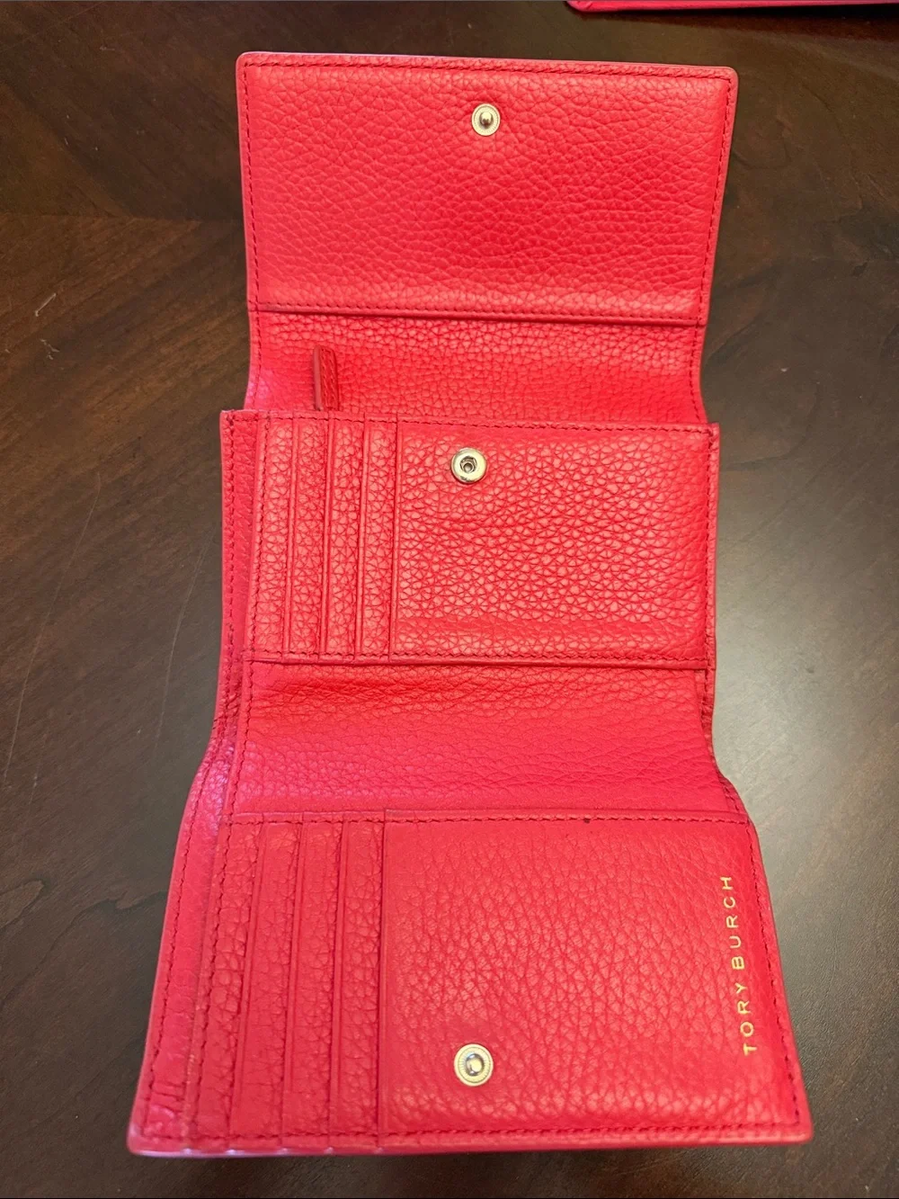 Tory Burch Red Pebbled Leather Flap Wallet with Embossed Logo